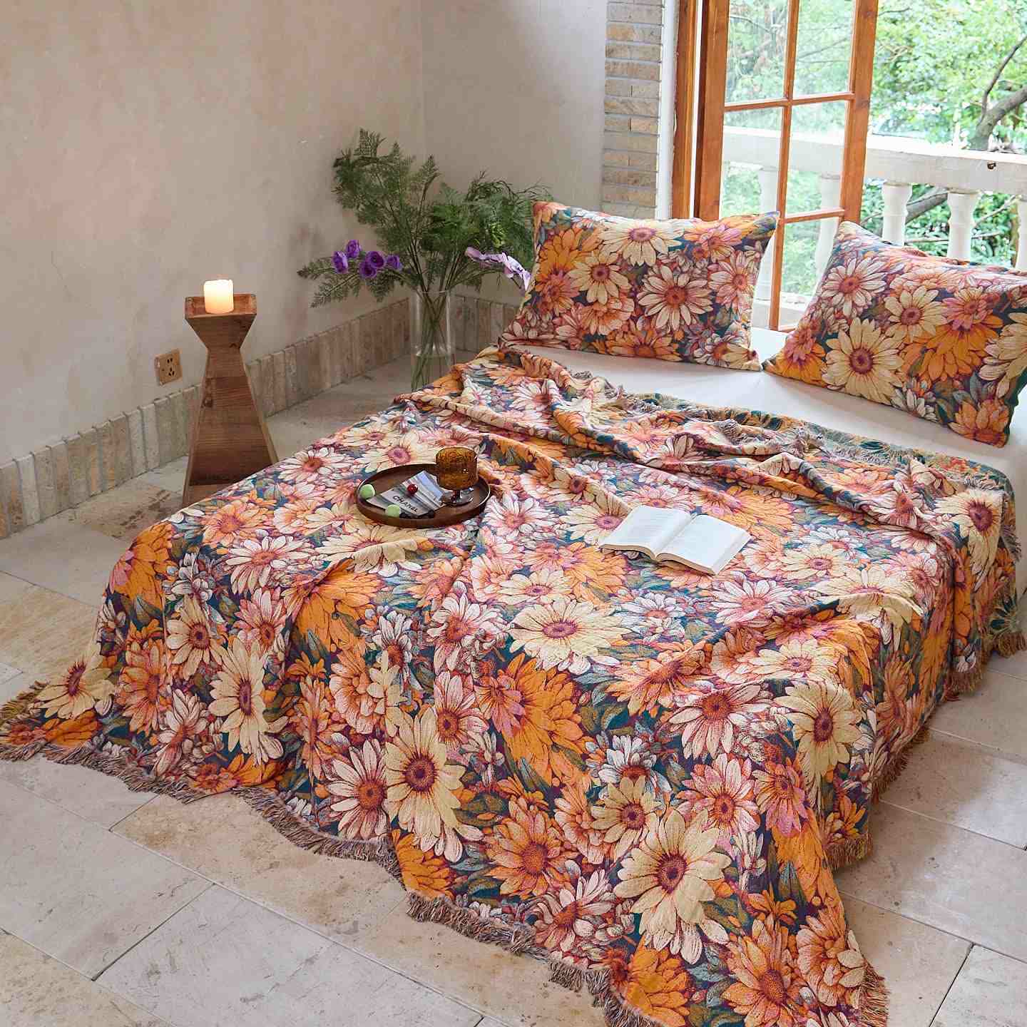 Couette en coton à pompons avec tournesol en fleurs - image 1