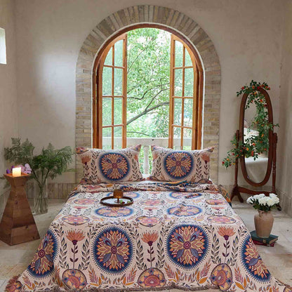 Couette en coton avec médaillon floral et pompons - Couette avec 2 taies d'oreiller - 230 cm x 250 cm - image 0