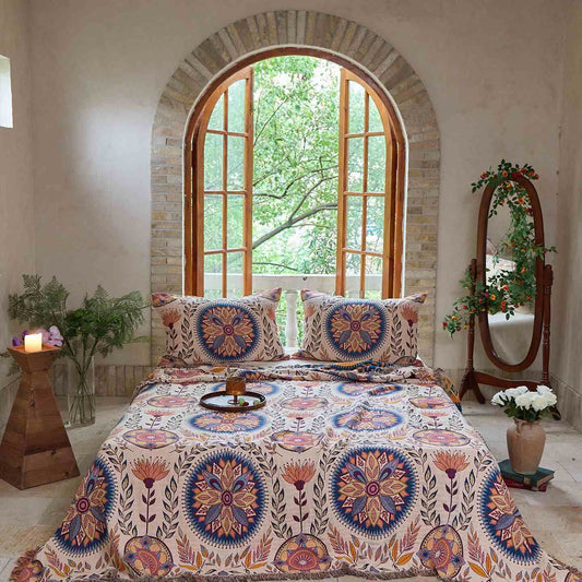 Couette en coton avec médaillon floral et pompons - Couette avec 2 taies d'oreiller - 230 cm x 250 cm - image 0