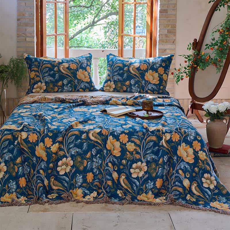 Couverture en coton coloré à motifs floraux, d'oiseaux et de pompons - image 2