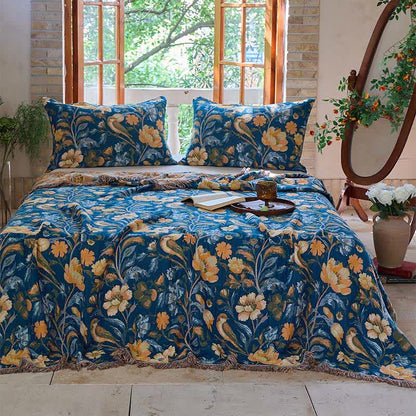 Couverture en coton coloré à motifs floraux, d'oiseaux et de pompons - image 2