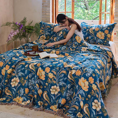 Couverture en coton coloré à motifs floraux, d'oiseaux et de pompons - image 4