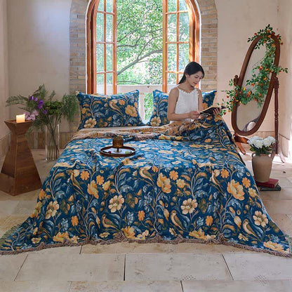 Couverture en coton coloré à motifs floraux, d'oiseaux et de pompons - image 3