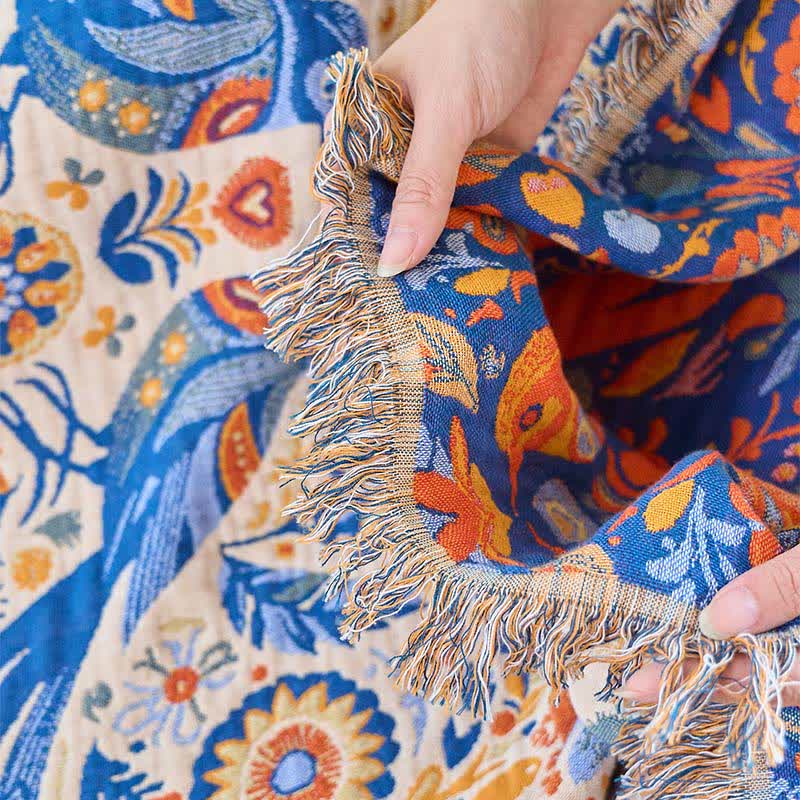 Couverture vintage Ownkoti avec motif oiseau et pompons en gaze de coton - image 9