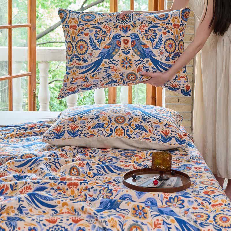 Couverture vintage Ownkoti avec motif oiseau et pompons en gaze de coton - image 7