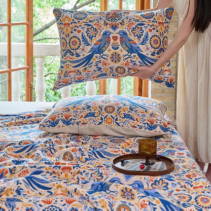 Couverture vintage Ownkoti avec motif oiseau et pompons en gaze de coton - image 7