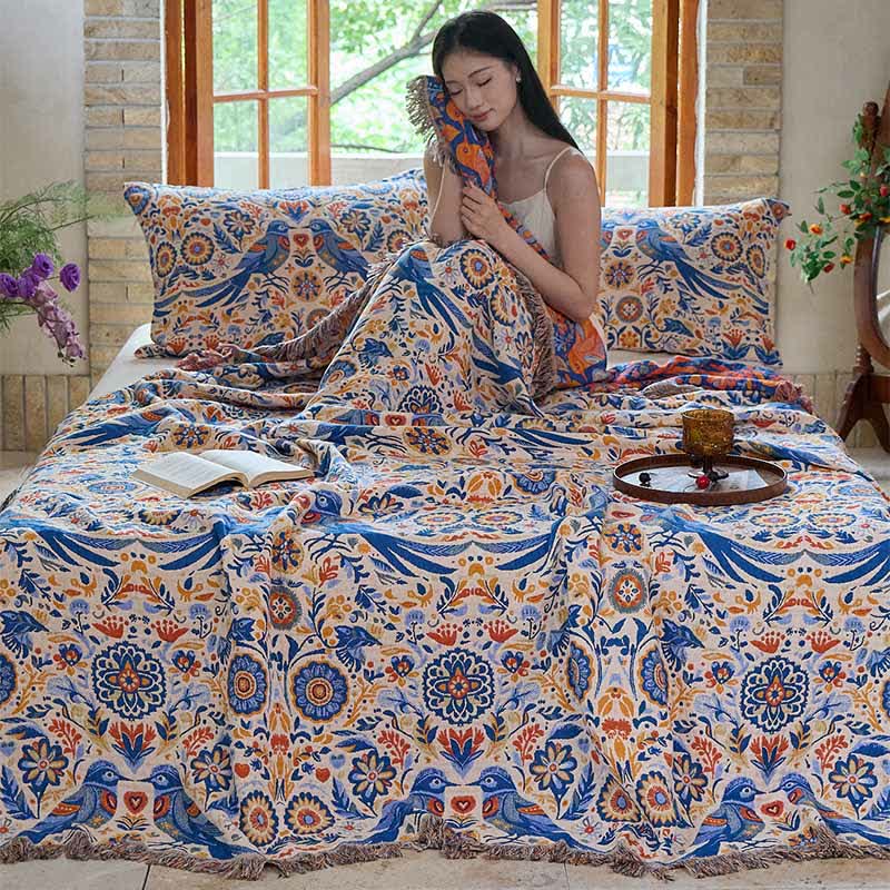 Couverture vintage Ownkoti avec motif oiseau et pompons en gaze de coton - image 5