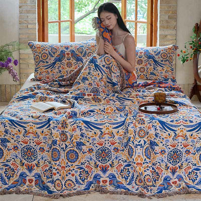 Couverture vintage Ownkoti avec motif oiseau et pompons en gaze de coton - image 5