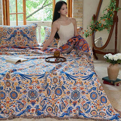 Couverture vintage Ownkoti avec motif oiseau et pompons en gaze de coton - image 4