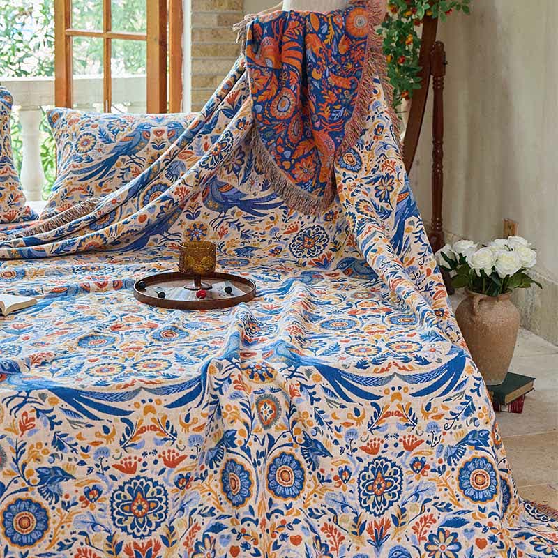 courtepointe vintage en gaze de coton à motifs d'oiseaux et de pompons - image 6