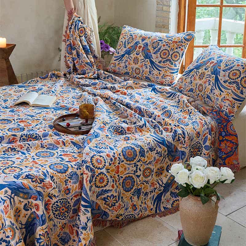 Couverture vintage Ownkoti avec motif oiseau et pompons en gaze de coton - image 2