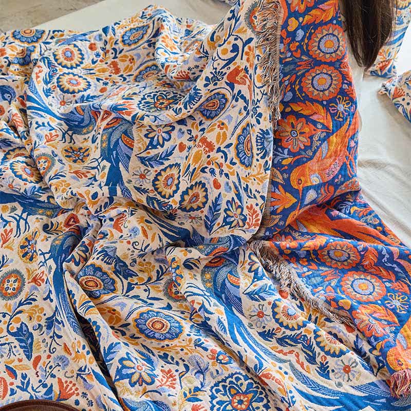 Couverture vintage Ownkoti avec motif oiseau et pompons en gaze de coton - image 10