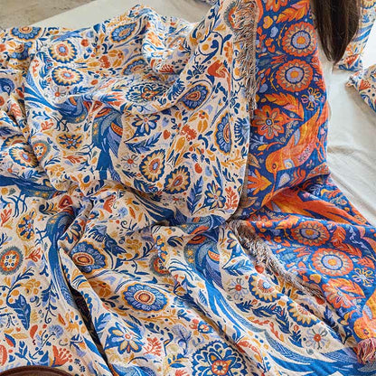 Couverture vintage Ownkoti avec motif oiseau et pompons en gaze de coton - image 10