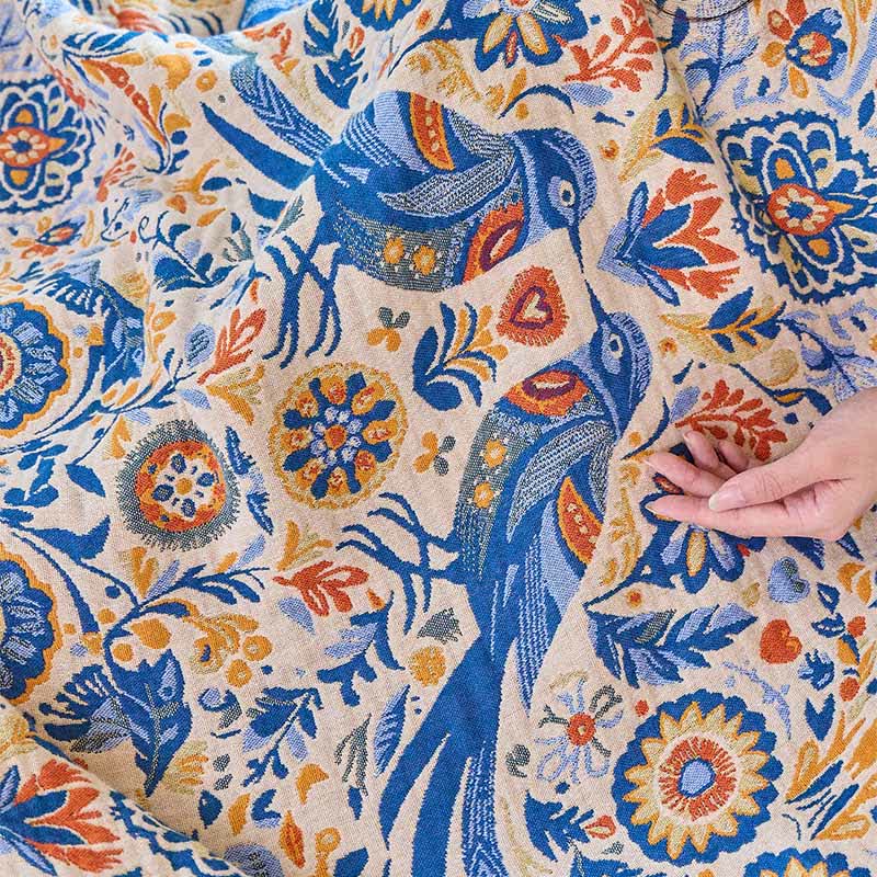 Couverture vintage Ownkoti avec motif oiseau et pompons en gaze de coton - image 11