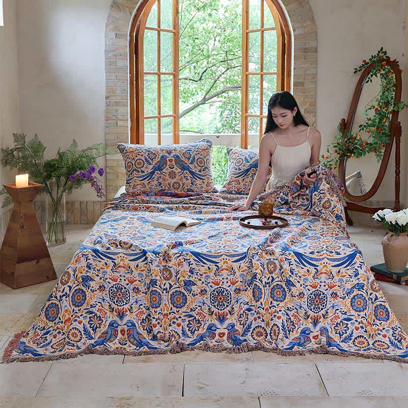 Couverture vintage Ownkoti avec motif oiseau et pompons en gaze de coton - image 3