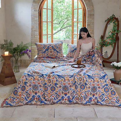 Couverture vintage Ownkoti avec motif oiseau et pompons en gaze de coton - image 3