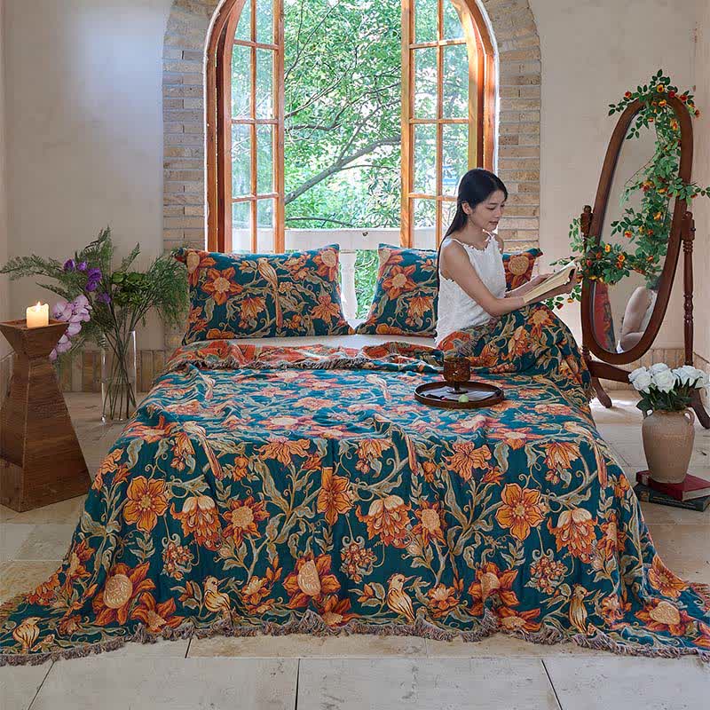 Couverture luxueuse en coton à fleurs et à pompons - image 3