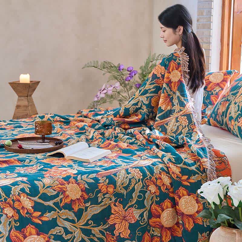 Couverture luxueuse en coton Ownkoti avec motif floral et pompons - image 5