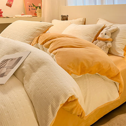 Parure de lit en peluche texturée à carreaux Ownkoti (4 pièces) - Blanc et orange - 220 cm x 240 cm - image 0