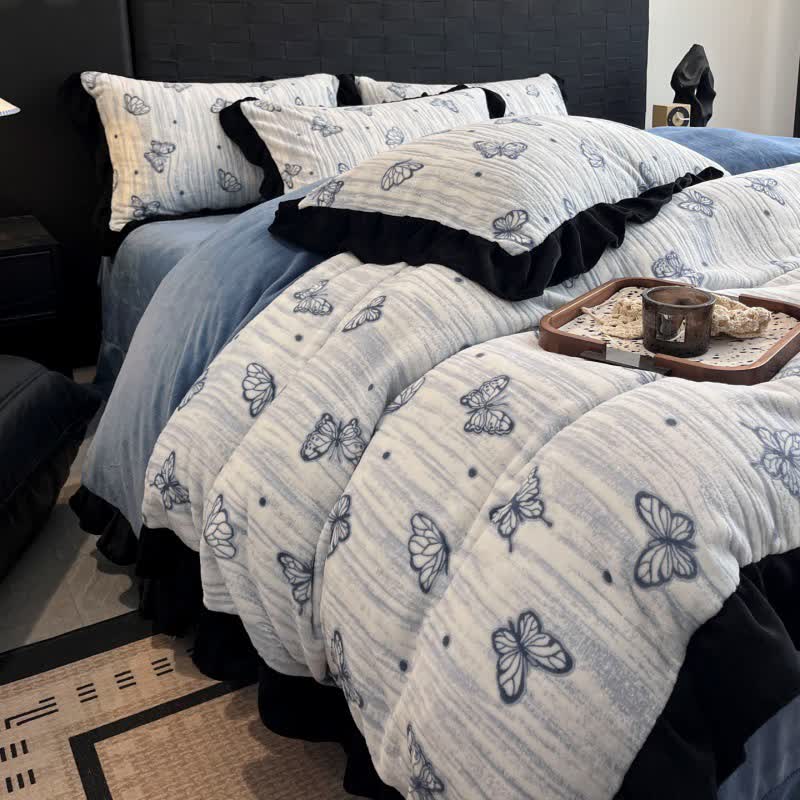 Parure de lit Ownkoti avec housse de couette en peluche à volants papillon (4 pièces) - Bleu - 220 cm x 240 cm - image 11