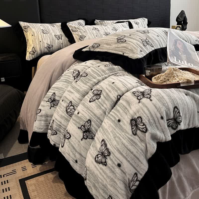 Parure de lit Ownkoti avec housse de couette en peluche à volants papillon (4 pièces) - Gris - 220 cm x 240 cm - image 0