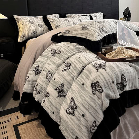 Parure de lit Ownkoti avec housse de couette en peluche à volants papillon (4 pièces) - Gris - 220 cm x 240 cm - image 0