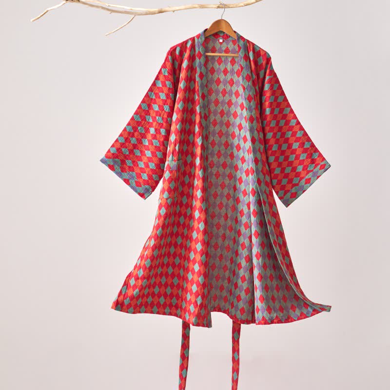 Ownkoti – Peignoir kimono classique en gaze de coton à motif losanges - Rouge - XL - image 0