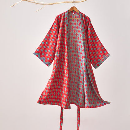 Ownkoti – Peignoir kimono classique en gaze de coton à motif losanges - Rouge - XL - image 0