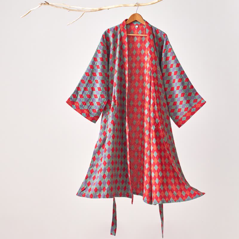 Ownkoti – Peignoir kimono classique en gaze de coton à motif losanges - Vert - XL - image 10