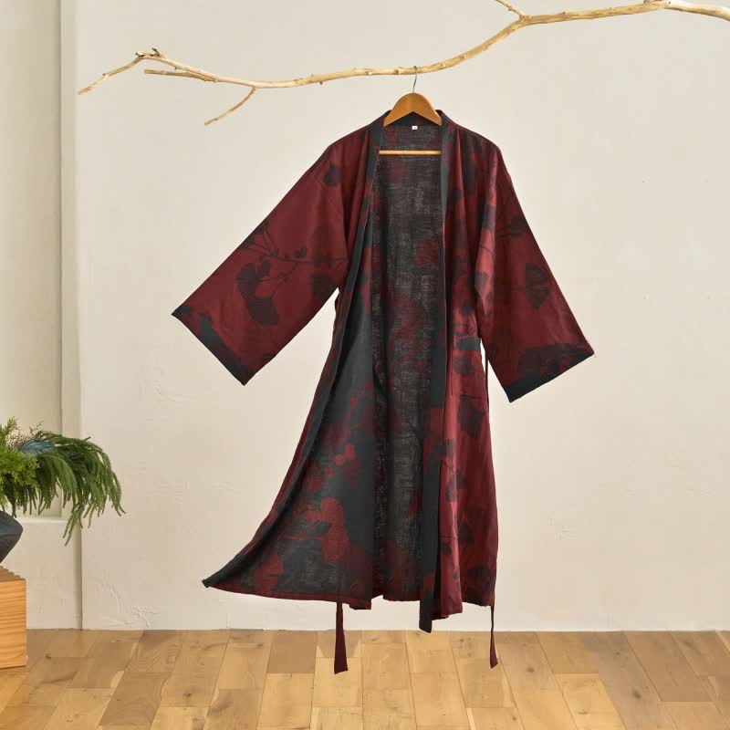 Grand kimono en coton à motifs de feuilles de ginkgo - Rouge et noir - 2XL - image 11