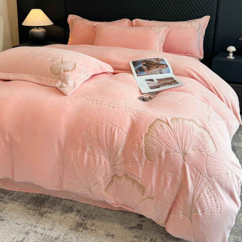 Parure de lit élégante en peluche à motif feuille de ginkgo Ownkoti (4 pièces) - image 10