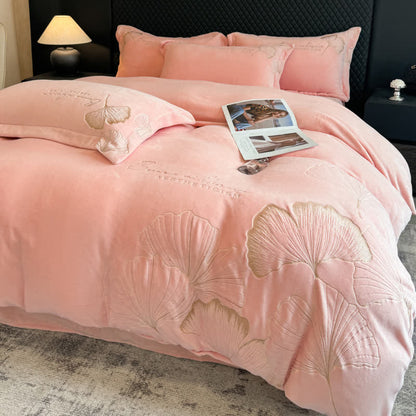 Parure de lit élégante en peluche à motif feuille de ginkgo Ownkoti (4 pièces) - image 10