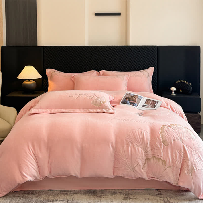 Parure de lit élégante en peluche à motif feuille de ginkgo Ownkoti (4 pièces) - Rose - 220 cm x 240 cm - image 9