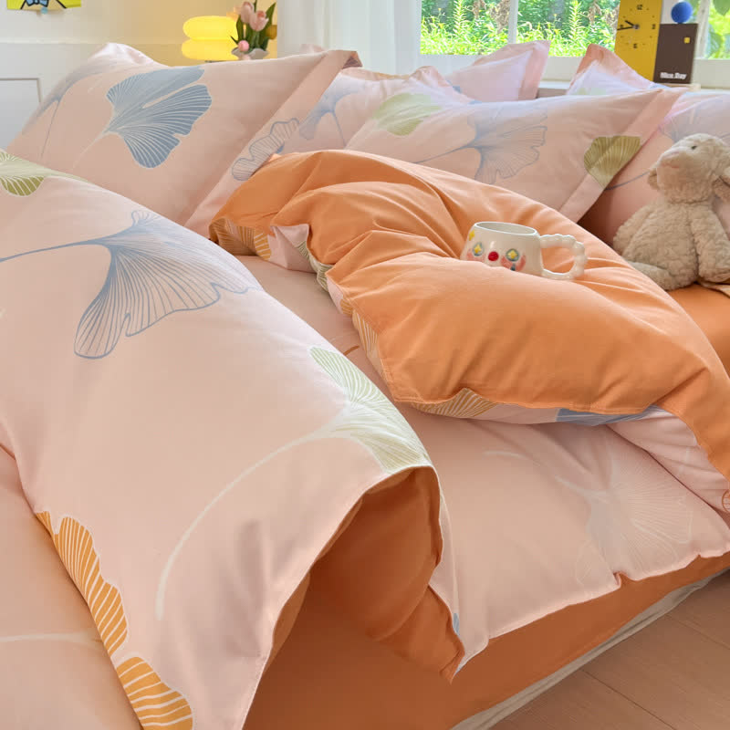 Housse de couette réversible en coton Ownkoti Tranquil Ginkgo Leaf - Orange - ensemble de literie - 220 cm x 240 cm - image 0