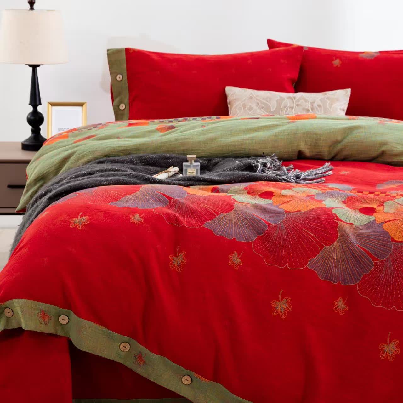 Linge de lit Ownkoti en gaze de pur coton avec un motif de feuille de ginkgo (ensemble de 4 pièces) - image 1