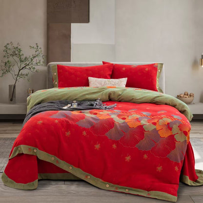 Linge de lit Ownkoti en gaze de pur coton avec un motif de feuille de ginkgo (ensemble de 4 pièces) - 220 cm x 240 cm - image 0