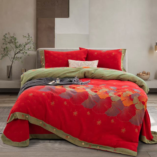 Linge de lit Ownkoti en gaze de pur coton avec un motif de feuille de ginkgo (ensemble de 4 pièces) - 220 cm x 240 cm - image 0