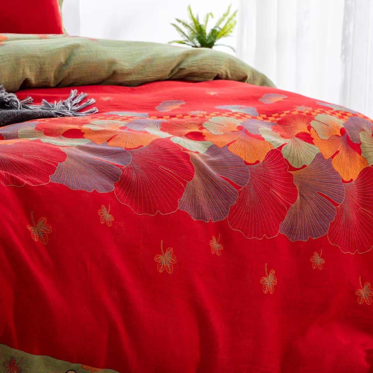 Linge de lit Ownkoti en gaze de pur coton avec un motif de feuille de ginkgo (ensemble de 4 pièces) - image 3