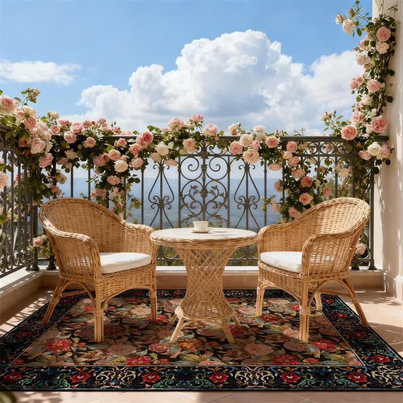 Tapis d'intérieur/extérieur Ownkoti à motif floral foncé - Noir et rouge - 153 cm x 244 cm - image 0