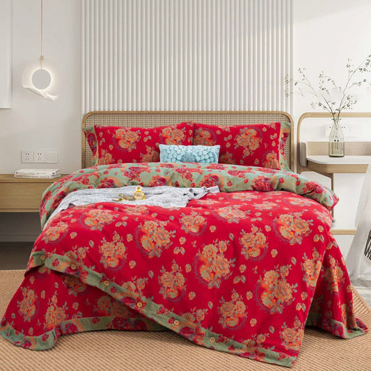 Ensemble de literie de luxe Ownkoti en gaze de pur coton à motif floral (ensemble de 4 pièces) - 220 cm x 240 cm - image 0