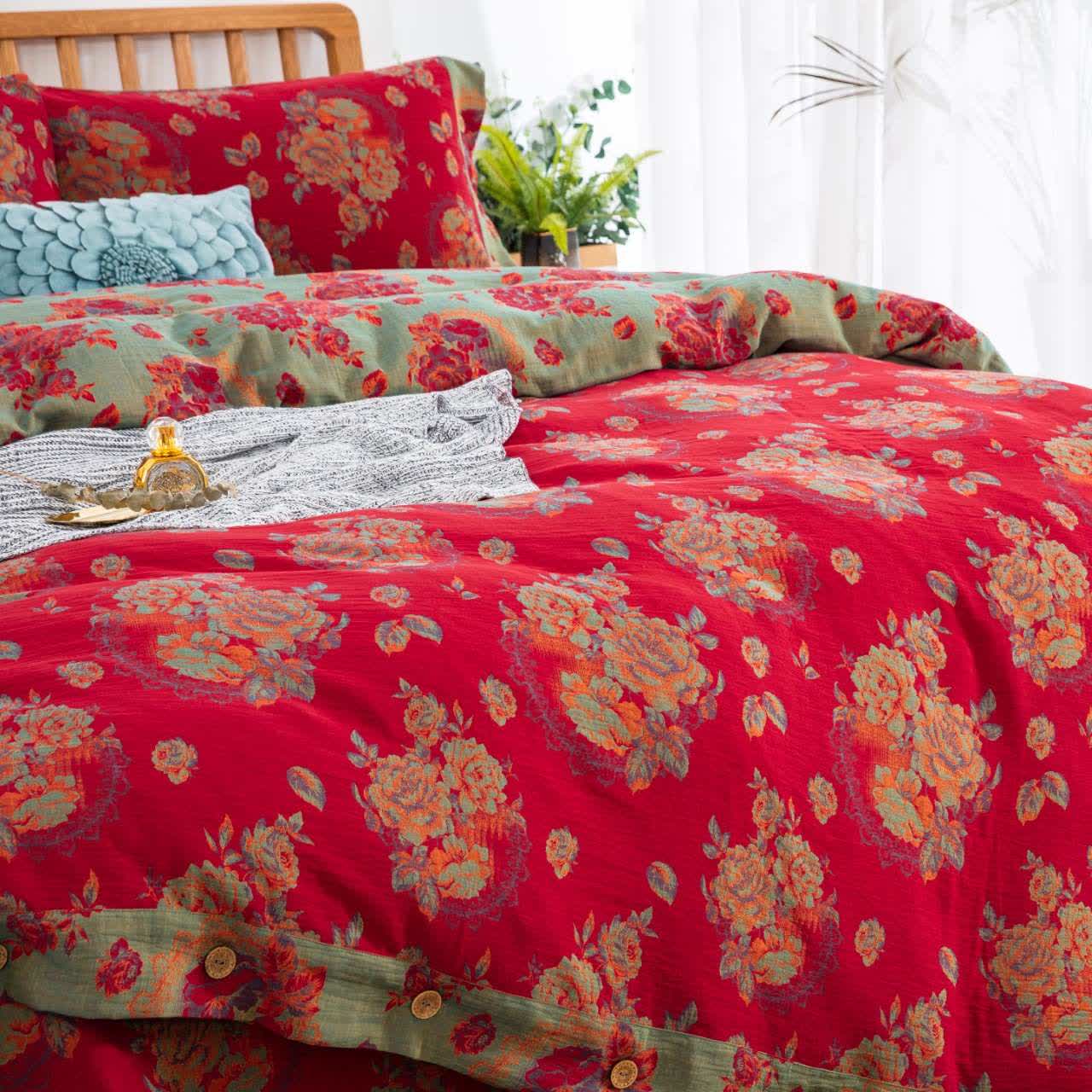 Ensemble de literie de luxe Ownkoti en gaze de pur coton à motif floral (ensemble de 4 pièces) - image 3