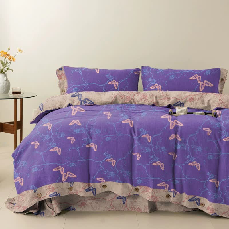 Ensemble de literie réversible en coton Ownkoti avec motif papillon (4 pièces) - Violet - 250 cm x 266 cm - image 0