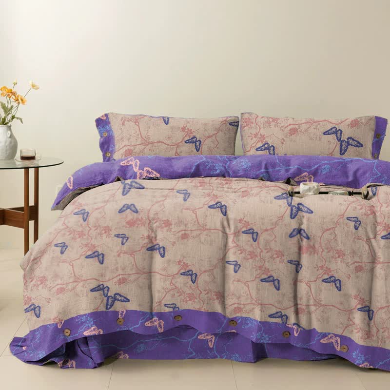 Ensemble de literie réversible en coton Ownkoti avec motif papillon (4 pièces) - Rose - 250 cm x 266 cm - image 4