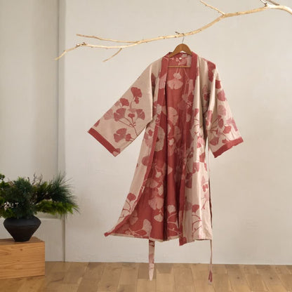Grand kimono en coton à motifs de feuilles de ginkgo - Nude et rouge - 2XL - image 20