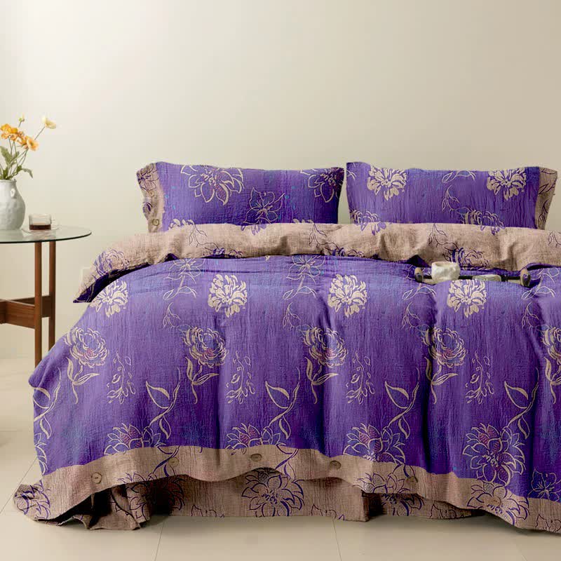 Ensemble de literie réversible en coton Ownkoti avec motif artistique de pivoines (4 pièces) - Violet - 250 cm x 266 cm - image 0