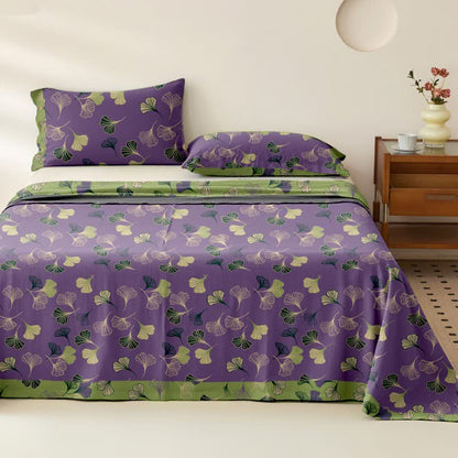 Couvre-lit Ownkoti en gaze de coton avec des feuilles de ginkgo - Violet - Couvre-lit avec 2 taies d'oreiller - 245 cm x 280 cm - image 4