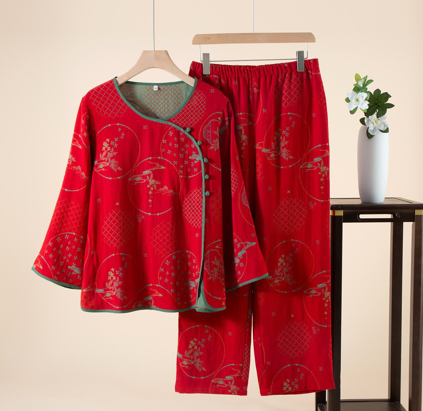 Vêtements d'intérieur Ownkoti style oriental rétro jacquard en gaze de coton - Rouge - XL - image 5