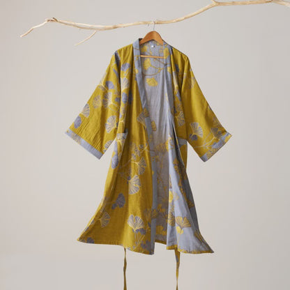 Peignoir kimono en gaze de coton et ginkgo - jaune foncé - XL - image 40