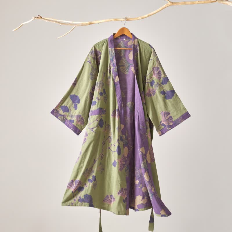 Peignoir kimono en gaze de coton et ginkgo - Vert - XL - image 17