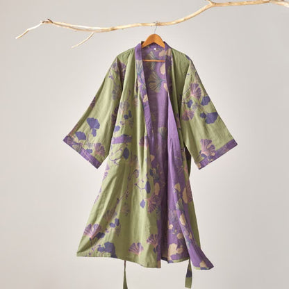 Peignoir kimono en gaze de coton et ginkgo - Vert - XL - image 17